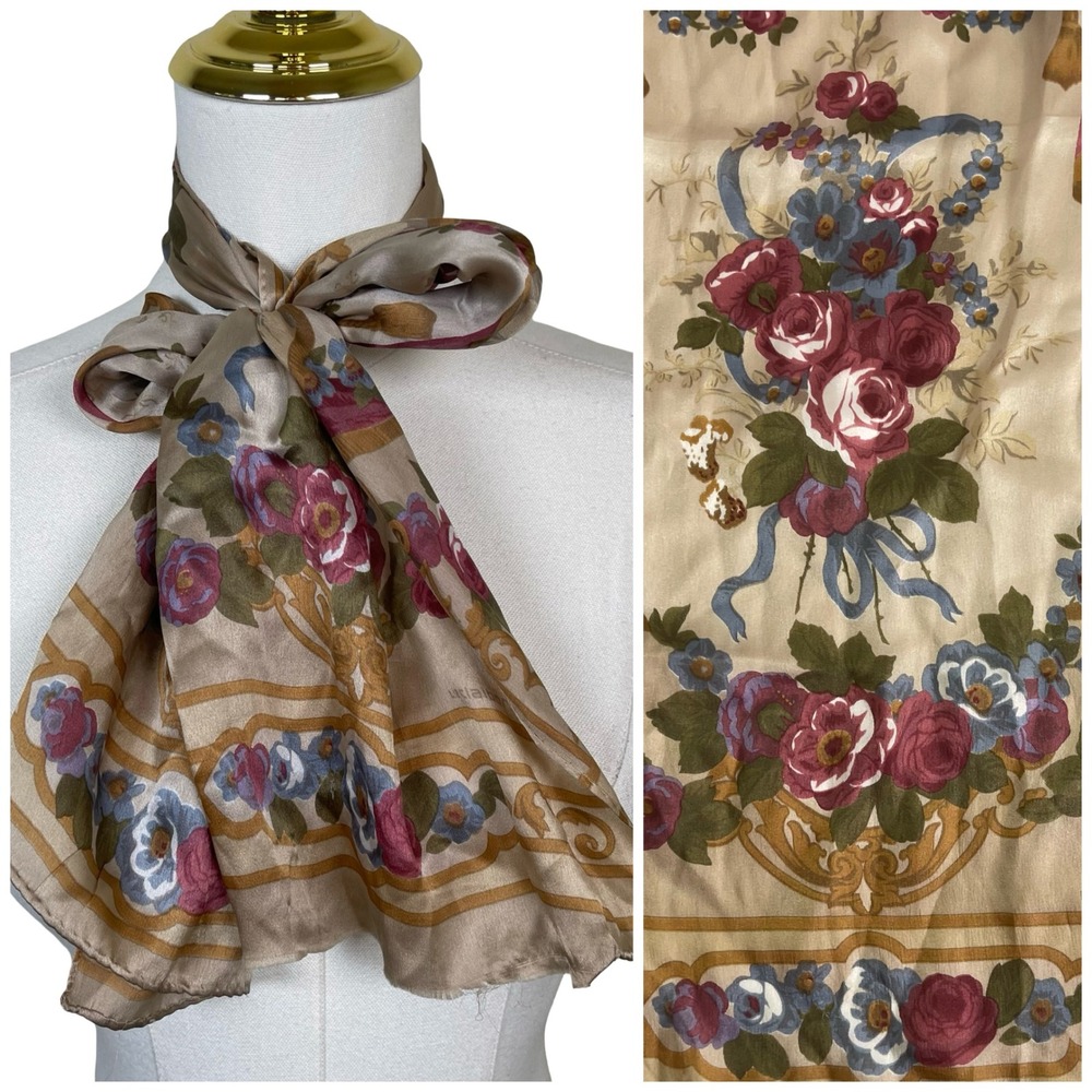 Vintage Liz Claiborne Floral Silk Scarf Women Tan Rose Ribbon Victorian Cottage